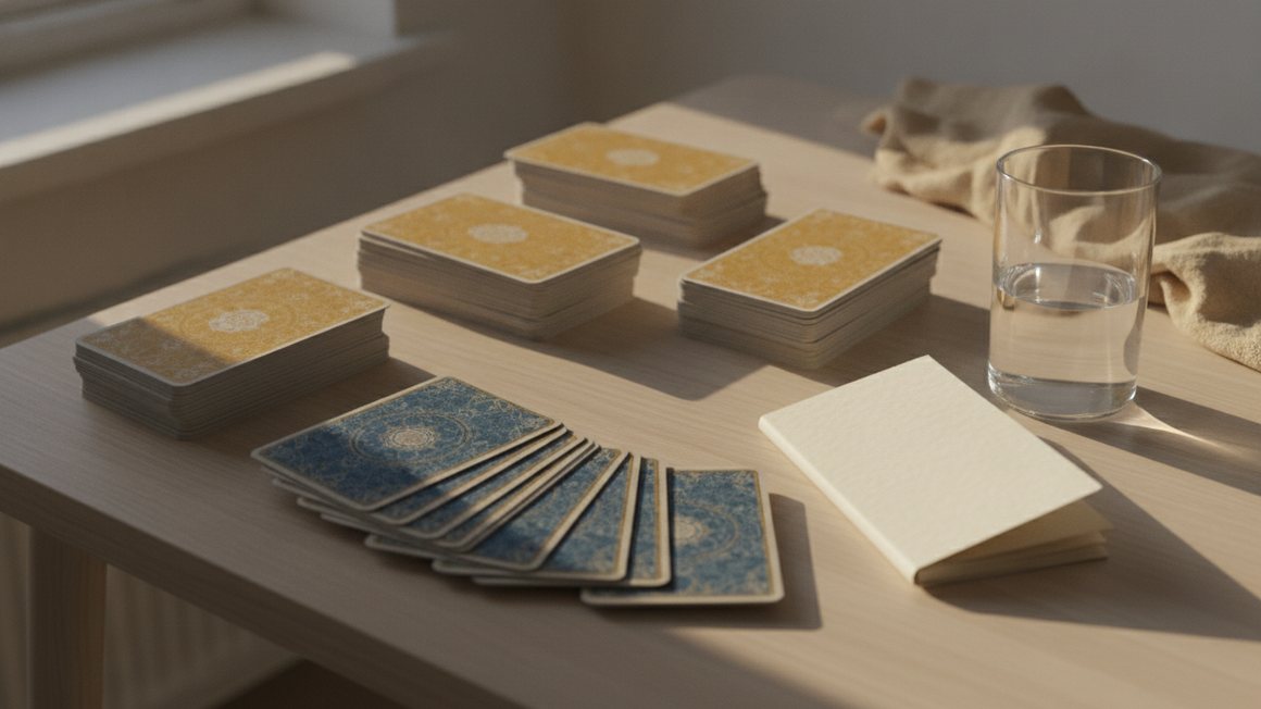 Plusieurs jeux d'oracle et de tarot posés en piles sur une table de bois clair, un jeu déployé en éventail face cachée