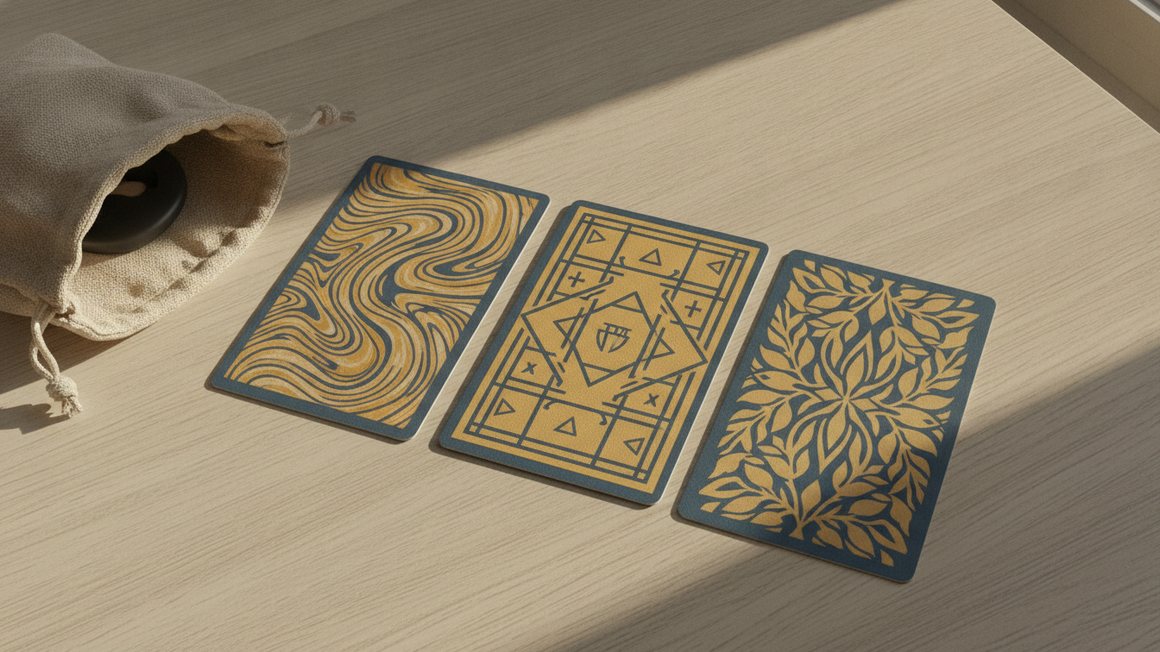 Trois jeux de cartes différents vus de dessus, leurs dos montrant des motifs distincts