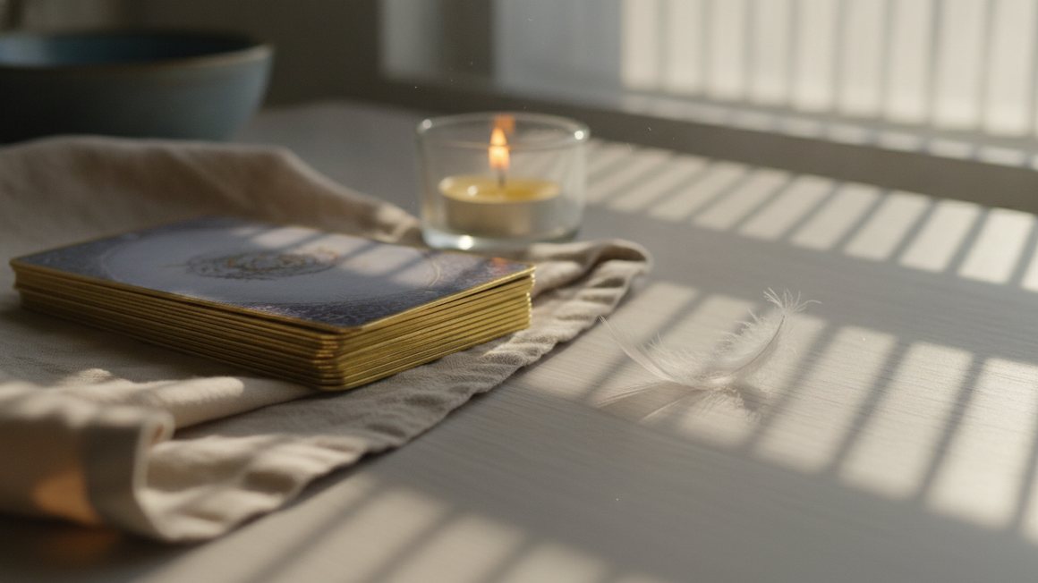 Jeu d'oracle à tranche dorée posé sur un linge plié, une plume blanche et une bougie chauffe-plat