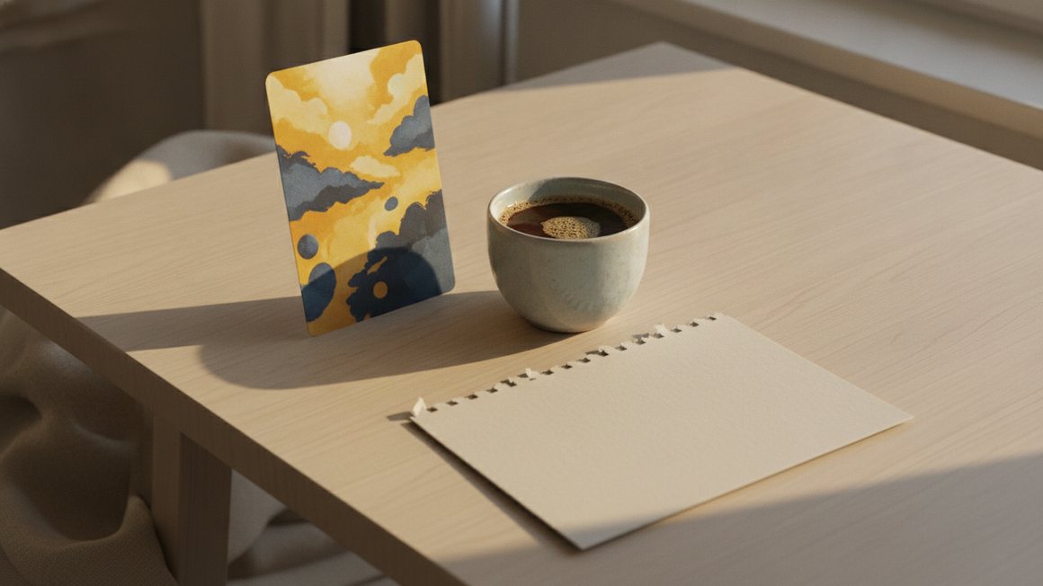 Une carte d'oracle appuyée contre une tasse de café, une page de calendrier détachée posée à plat