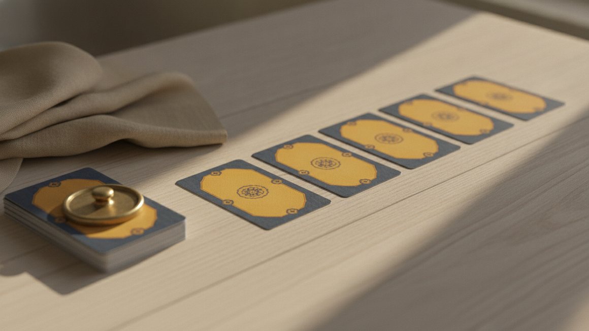 Cinq cartes d'oracle alignées face cachée sur du bois clair, un presse-papier de laiton posé sur le jeu